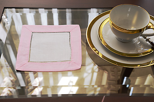 Festive colored trimmed cocktail napkin. Cherry Blossom PInk